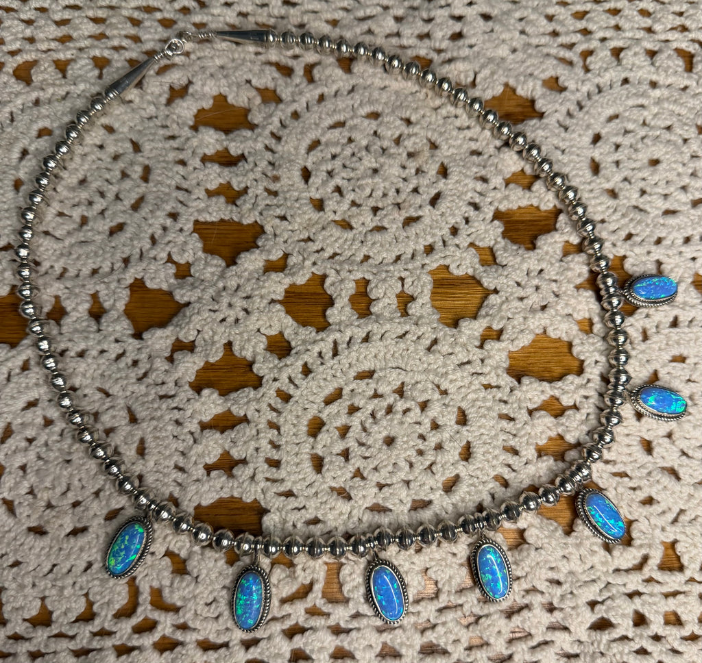 Navajo Made  Light Blue Opal Seamed Pearl Beaded Necklace By Renell Chaco Perry
