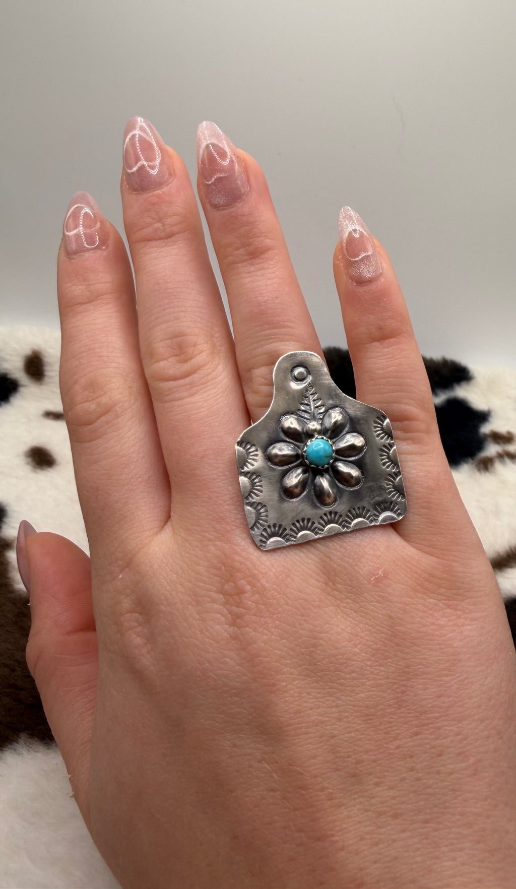 Navajo Made Adjustable Cattle Tag Turquoise Ring by Gabrielle Yazzie