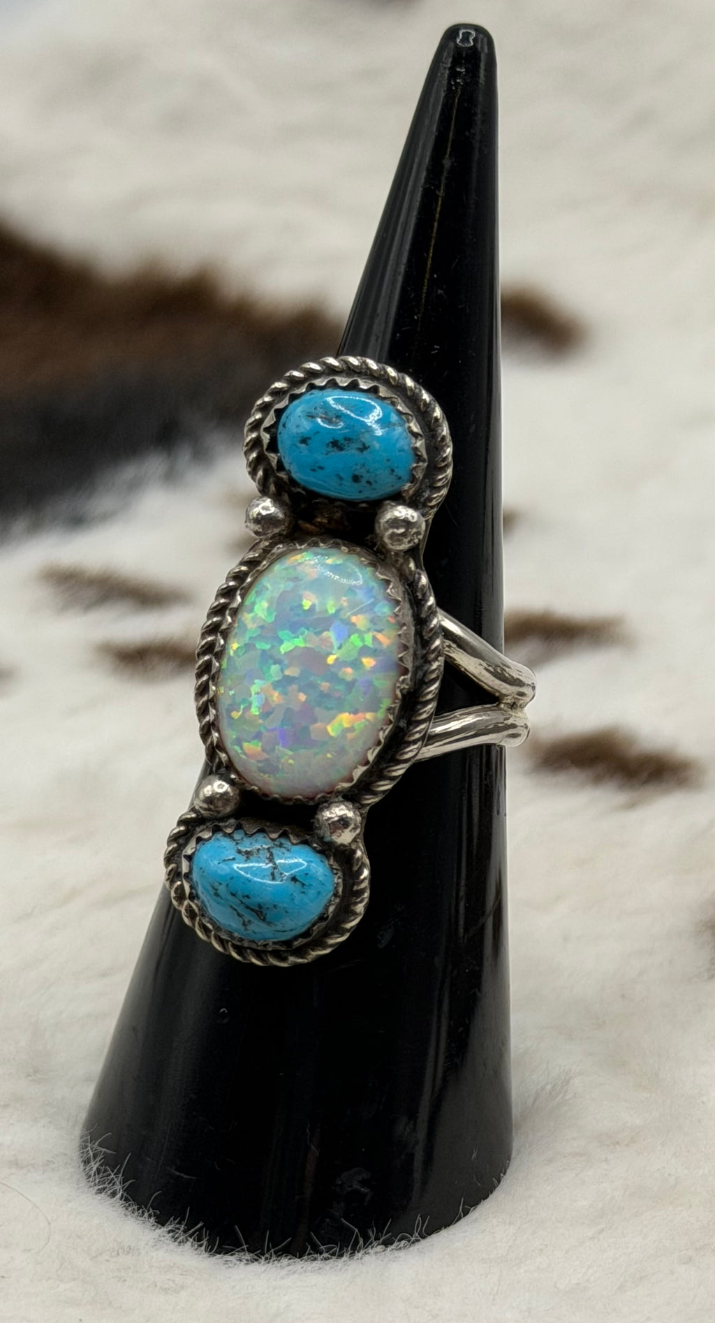 Navajo Handmade Sleeping Beauty and Opal ring by David Morris Size 6.5