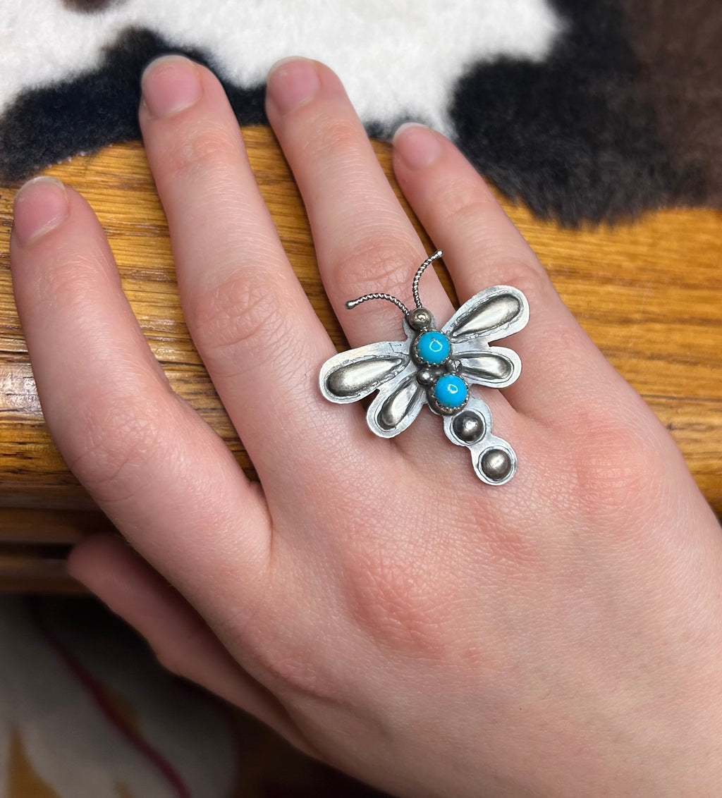 Navajo Handmade Turquoise Dragon Fly Ring Adjustable by Tim Yazzie