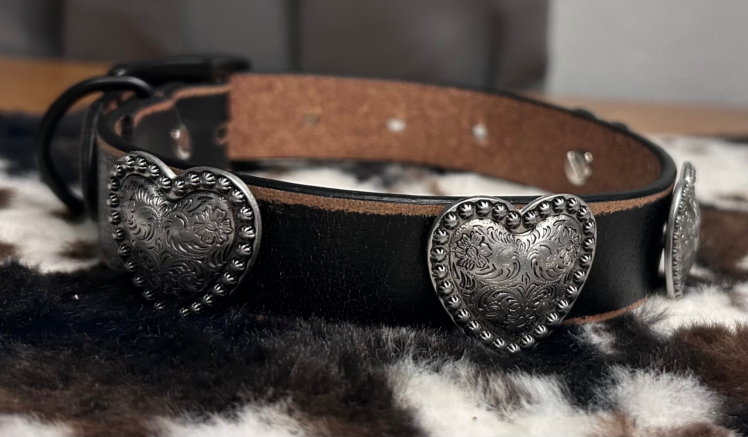 Genuine Distressed Leather Dog Collar with Heart Conchos