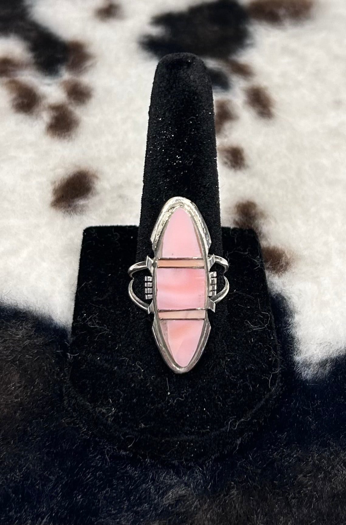 Navajo Handmade Pink Conch Inlay Ring by Brandon Etcitty Size 8