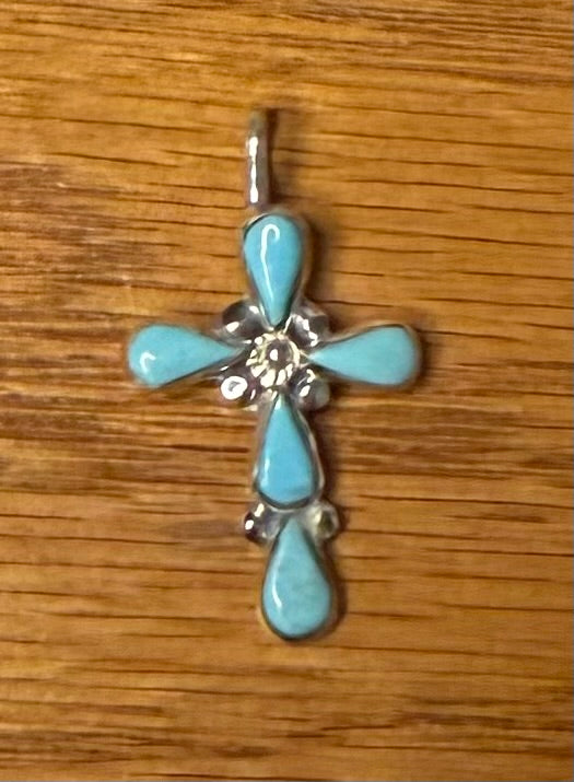 Zuni Handmade Sleeping Beauty Turquoise Cross Pendant By Bryce Vacit