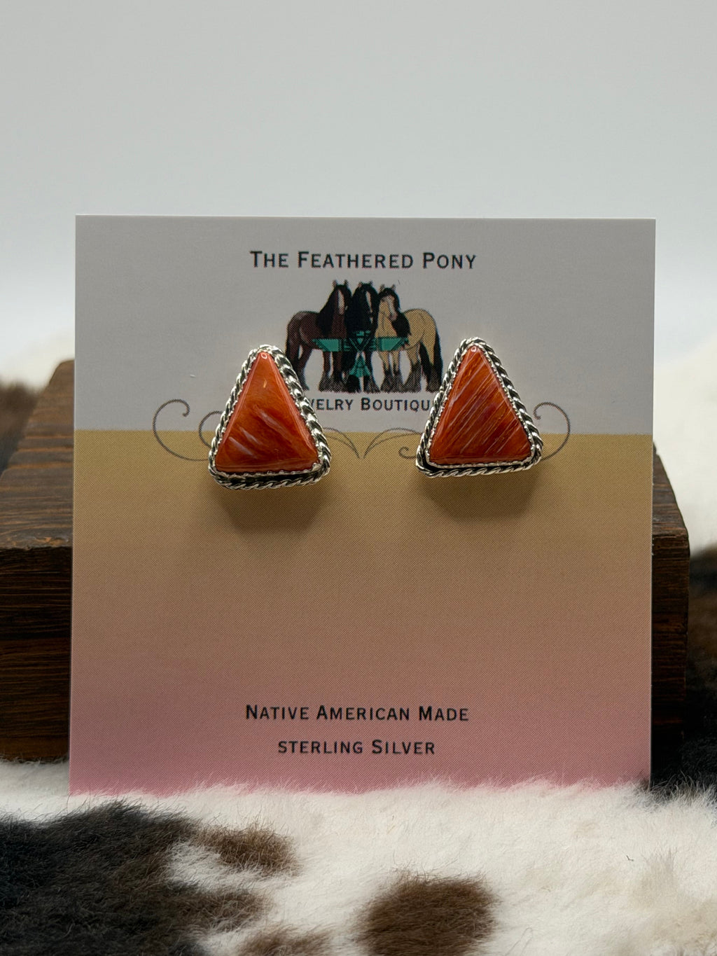 Navajo Made Orange Spiny Oyster Shell Triangle Stud Earrings by Annabelle Lantana