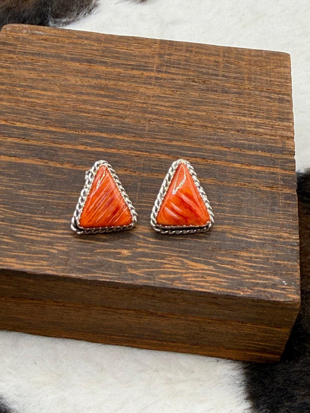 Navajo Made Orange Spiny Oyster Shell Triangle Stud Earrings by Annabelle Lantana