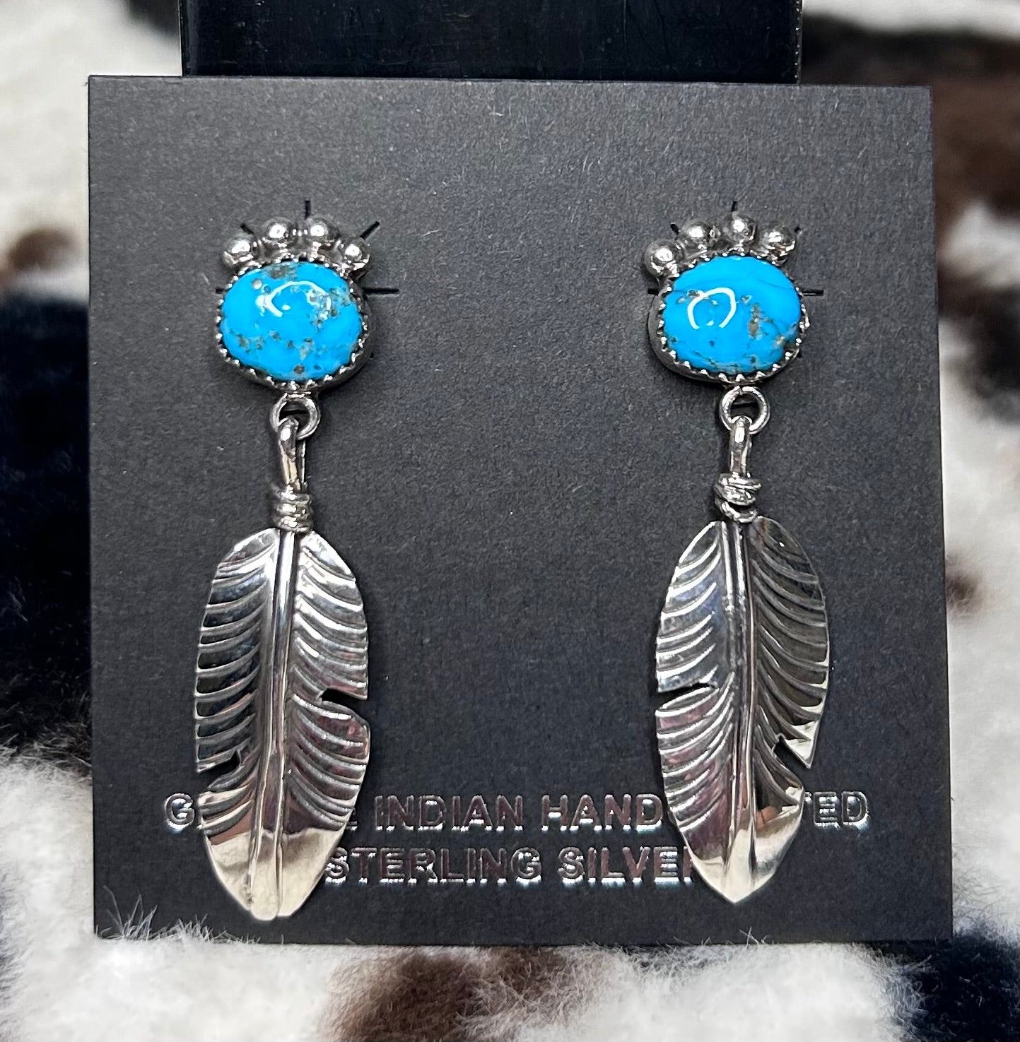 Navajo Handmade Turquoise Feather Stud Earrings by Dorothy Pozernick