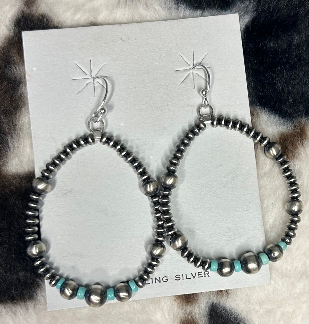 Sterling Silver Machine Made Pearl and Turquoise Hoop Earrings
