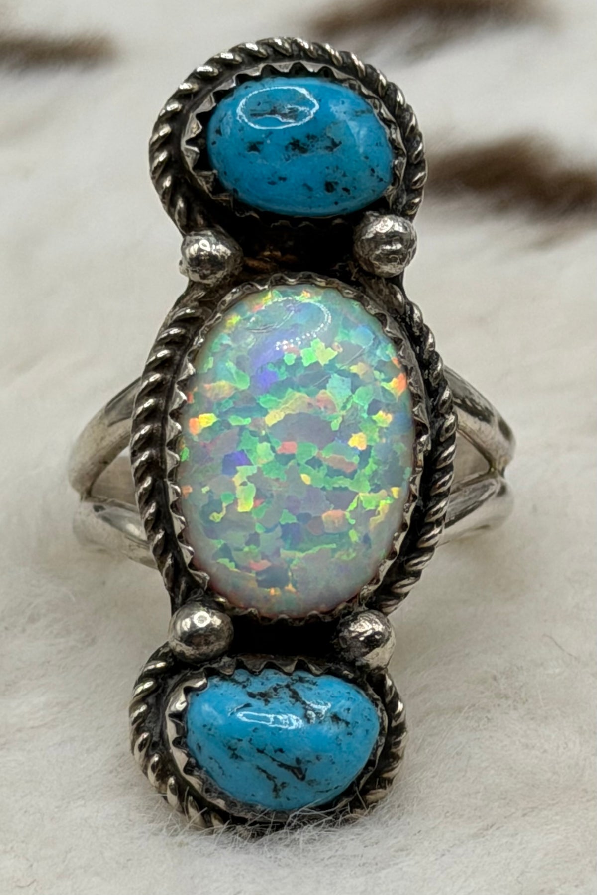 Navajo Handmade Sleeping Beauty and Opal ring by David Morris Size 6.5
