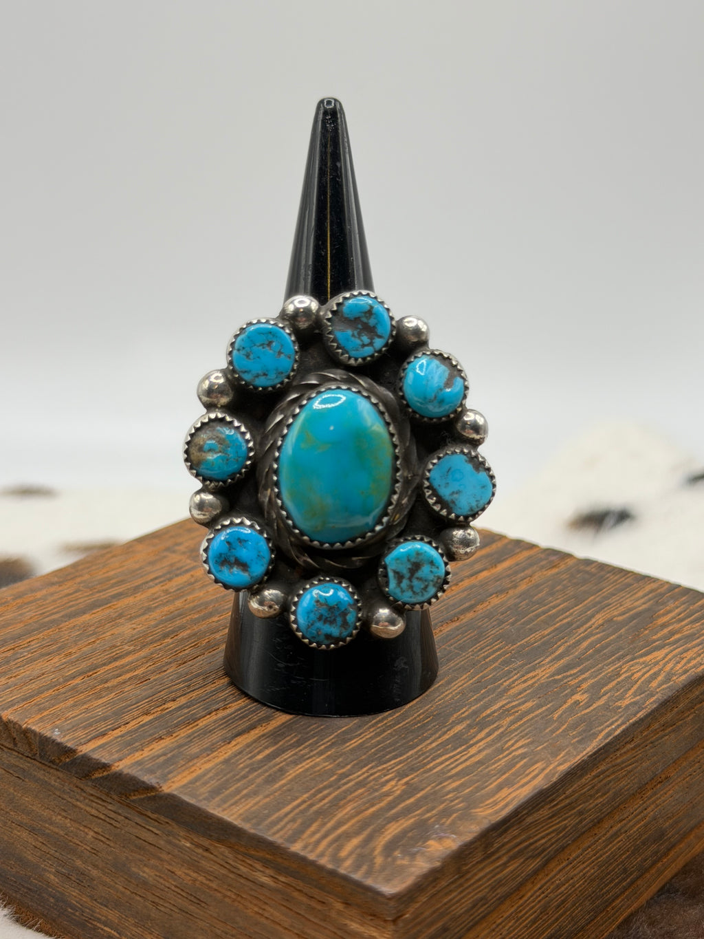 Navajo Handmade Kingman Cluster adjustable rings by Vinson Belone