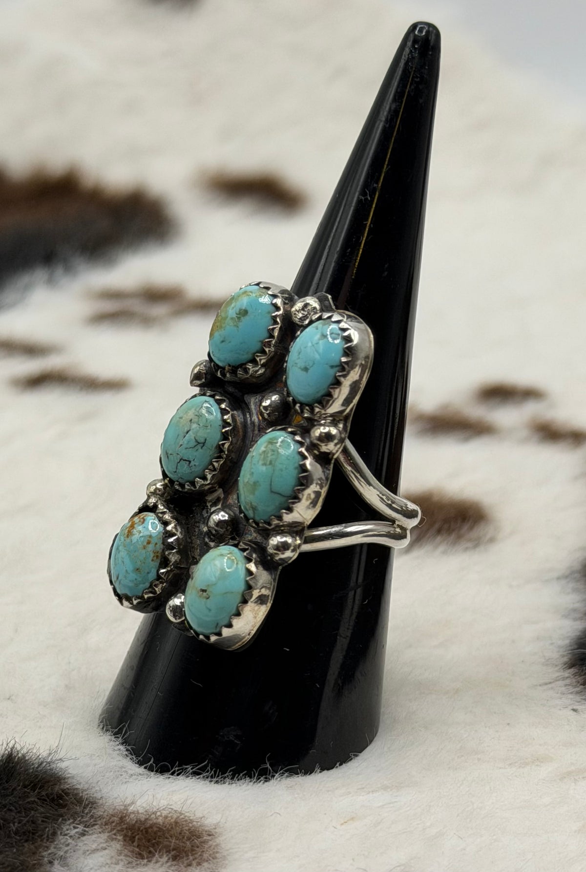 Navajo Handmade 6 Stone Kingman Turquoise Ring by Esther Spencer Size 8