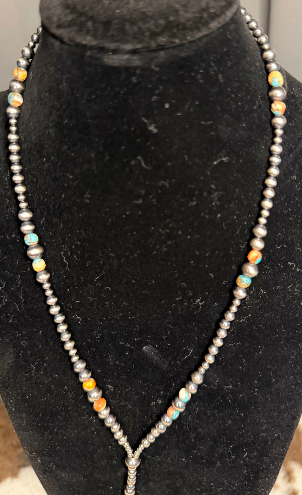 Machine Made Pearl Kingman and Spiny Oyster Shell Lariat Necklace
