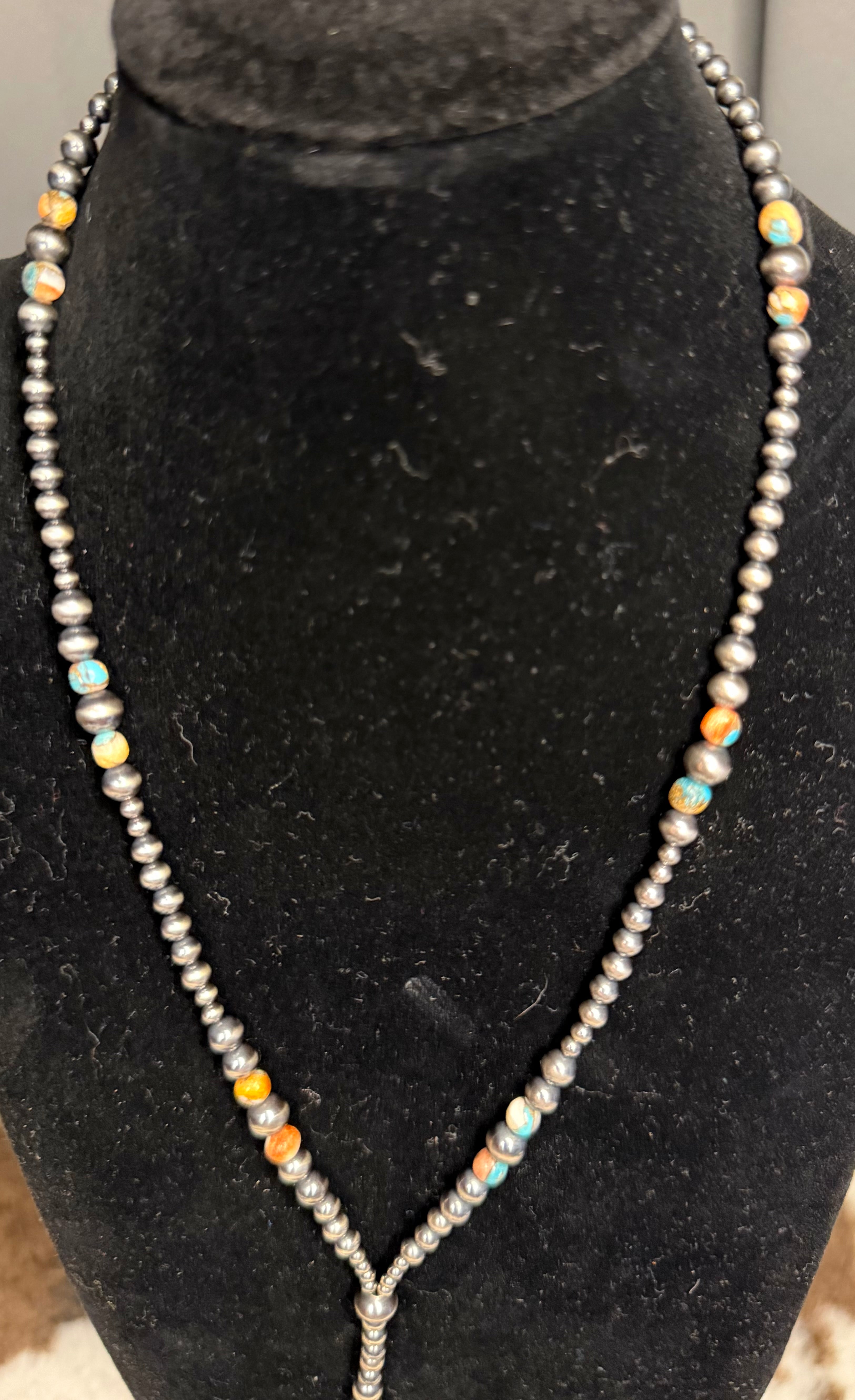 Machine Made Pearl Kingman and Spiny Oyster Shell Lariat Necklace