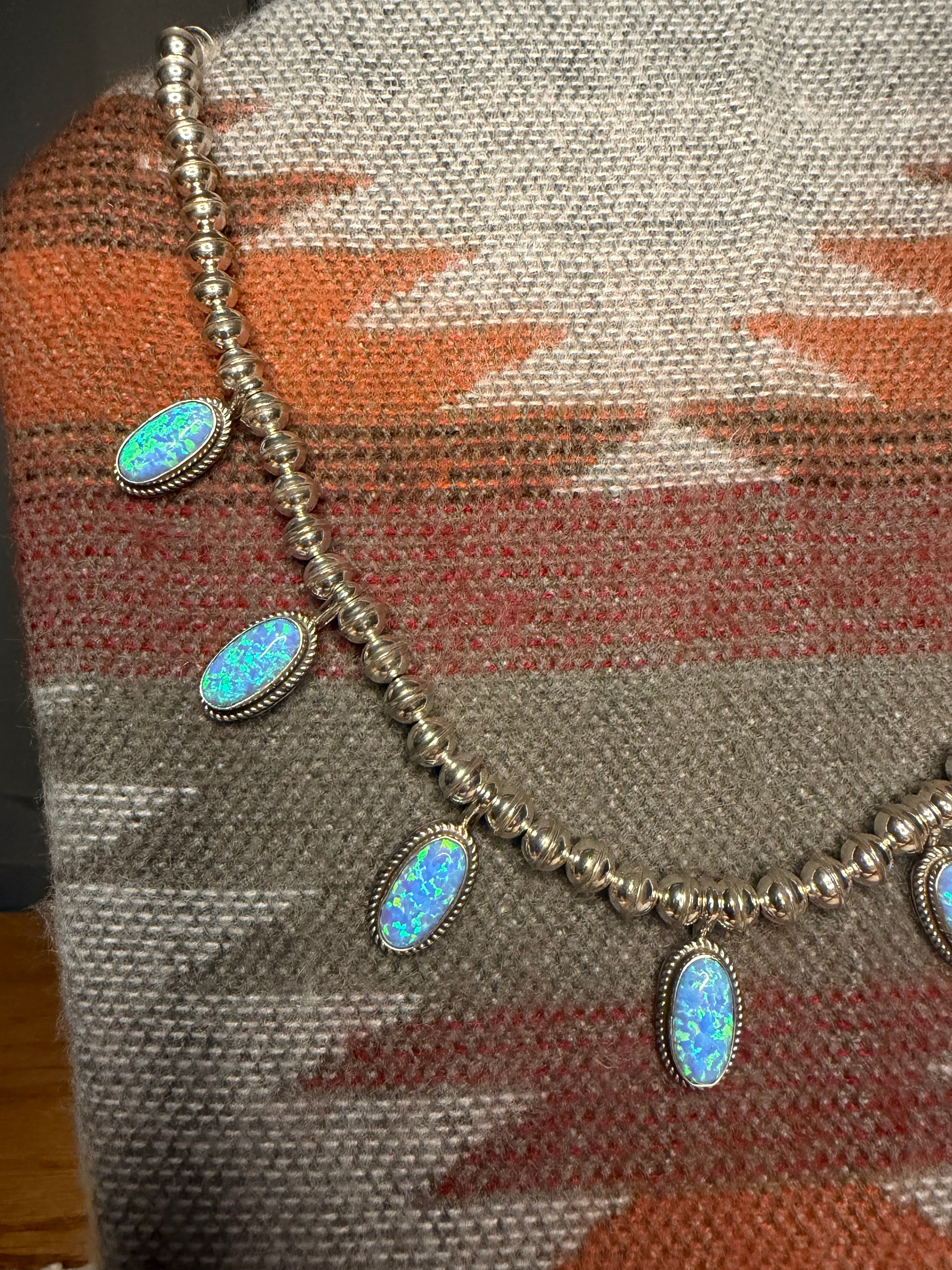 Navajo Made  Light Blue Opal Seamed Pearl Beaded Necklace By Renell Chaco Perry