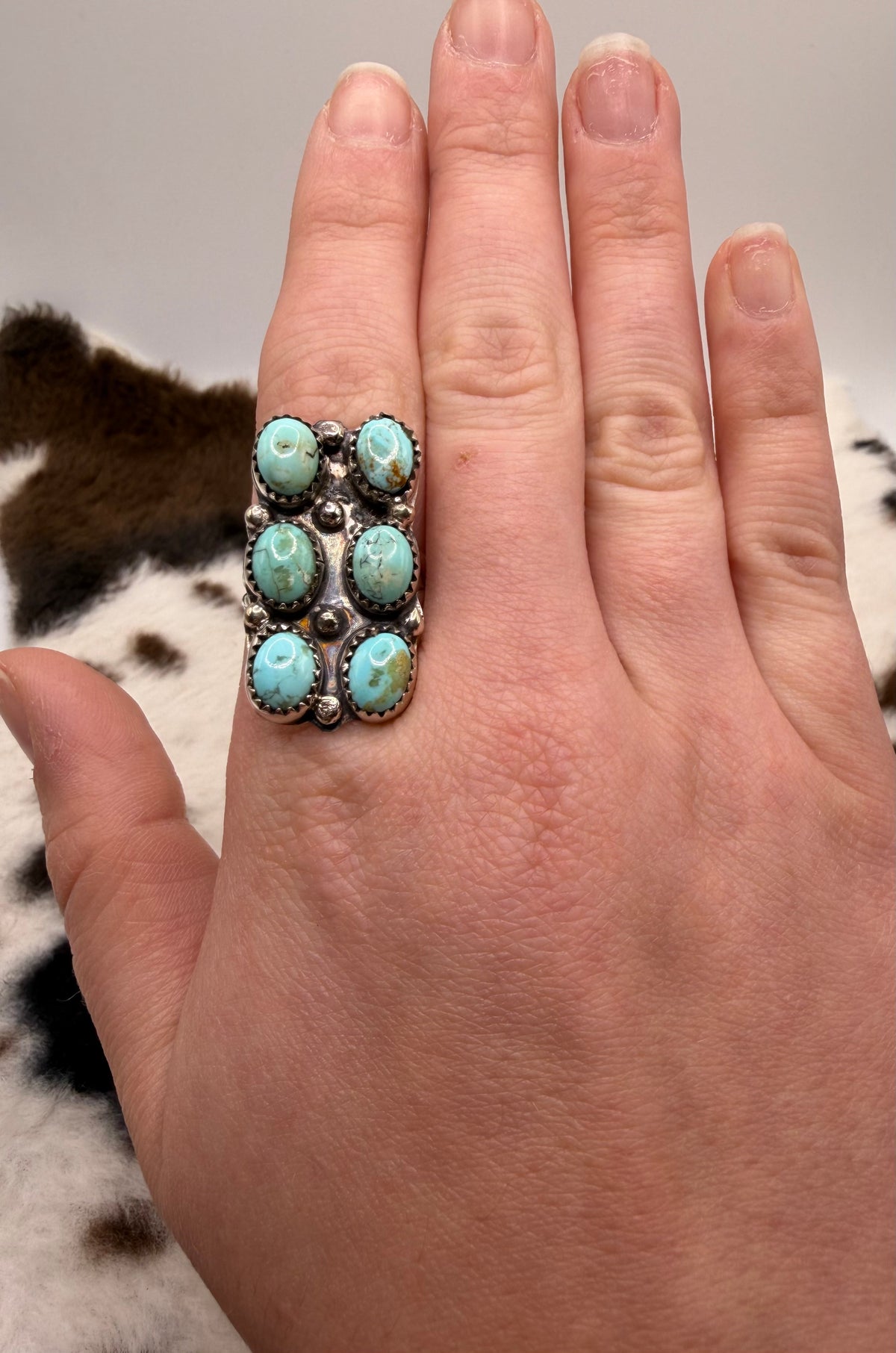 Navajo Handmade 6 Stone Kingman Turquoise Ring by Esther Spencer Size 8