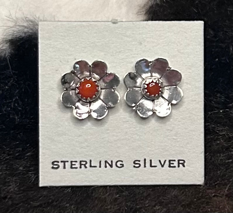Navajo Handmade Coral Post Flower earrings by Adrian Yazzie