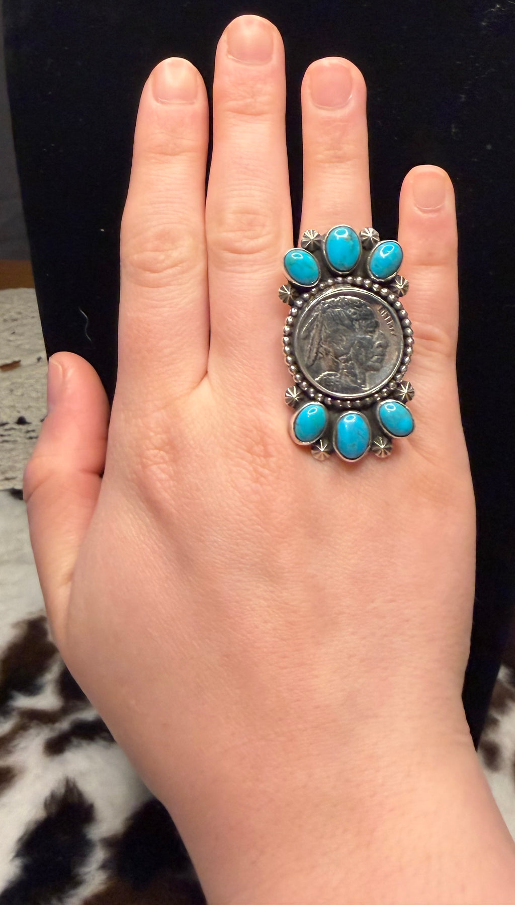 Navajo Handmade Kingman Turquoise adjustable Liberty Coin Rings By Adrian Yazzie