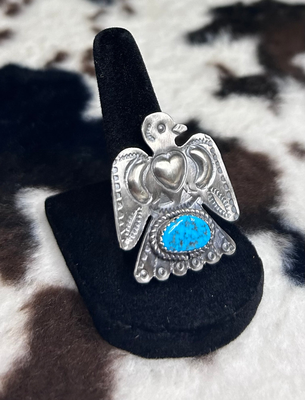 Navajo Handmade Turquoise Thunderbird Ring Adjustable by Tim Yazzie