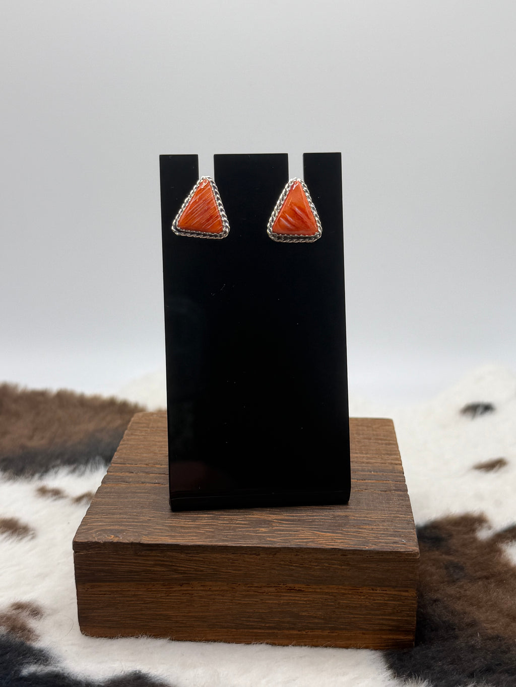 Navajo Made Orange Spiny Oyster Shell Triangle Stud Earrings by Annabelle Lantana