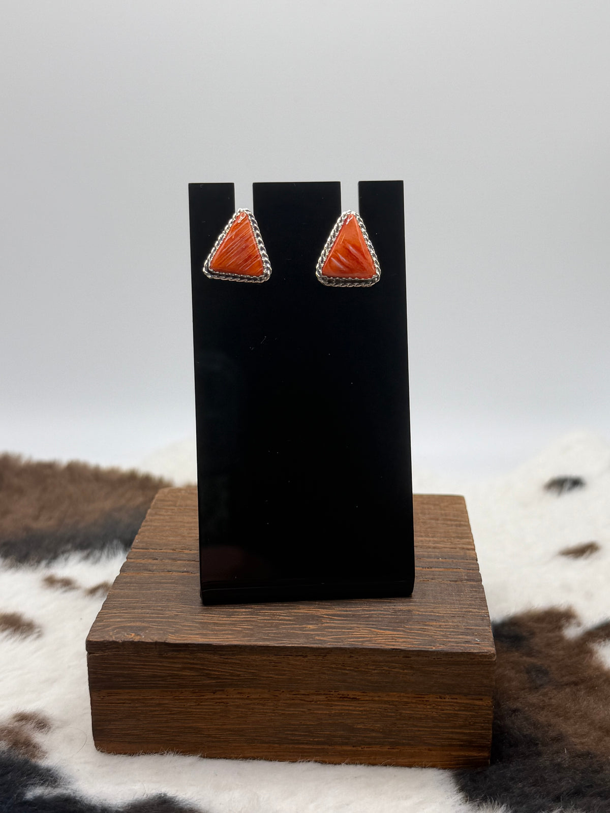 Navajo Made Orange Spiny Oyster Shell Triangle Stud Earrings by Annabelle Lantana