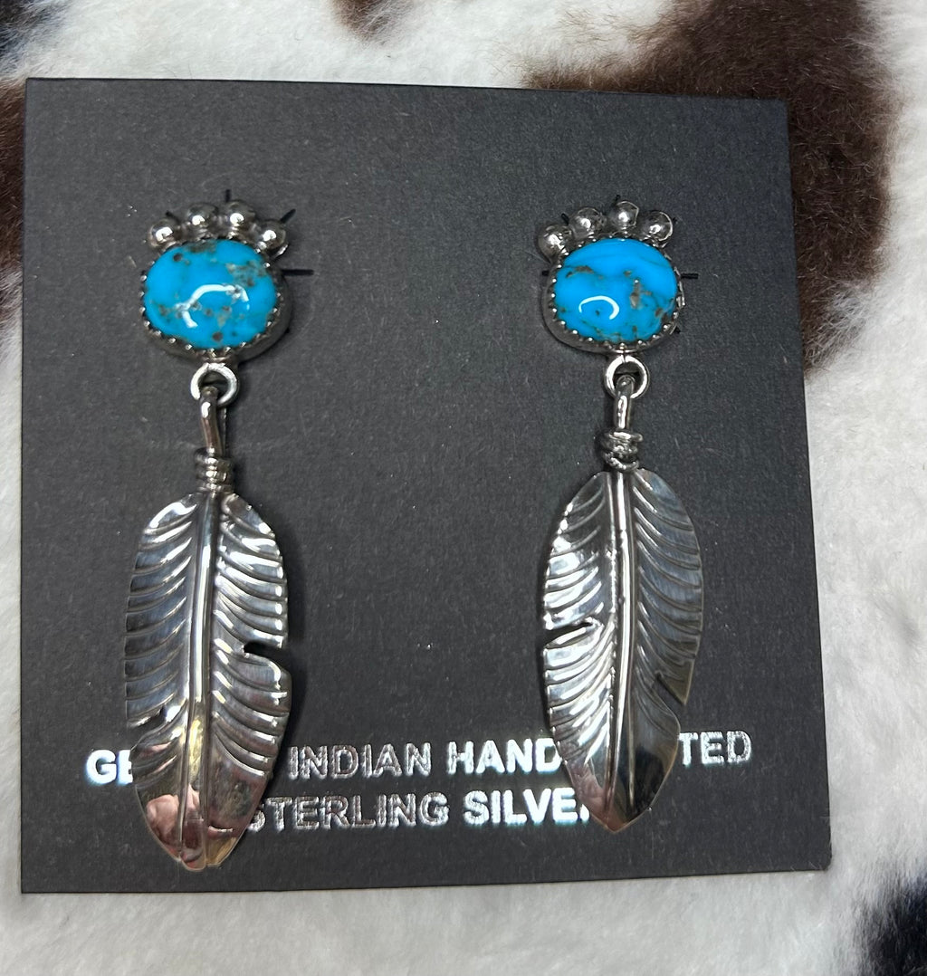 Navajo Handmade Turquoise Feather Stud Earrings by Dorothy Pozernick