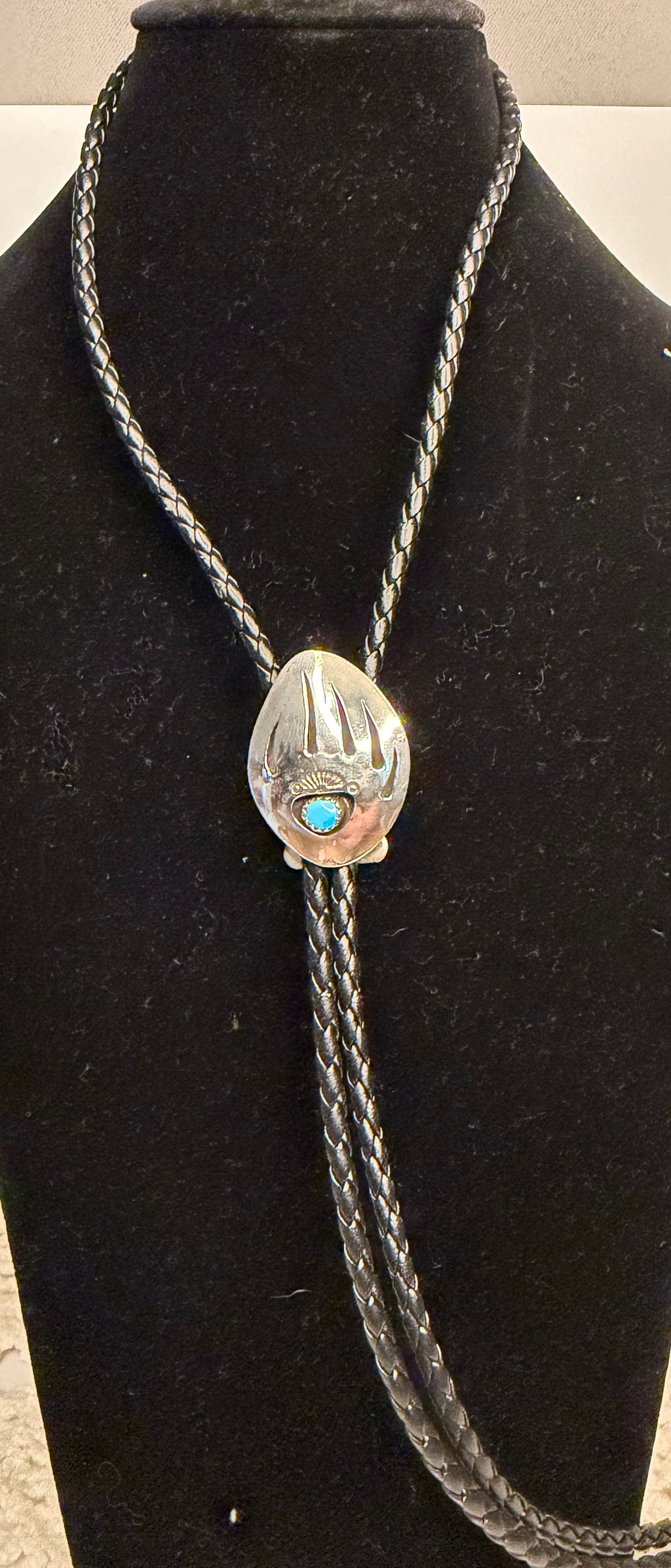 Navajo Made Sterling Silver Turquoise Bear Claw Bolo