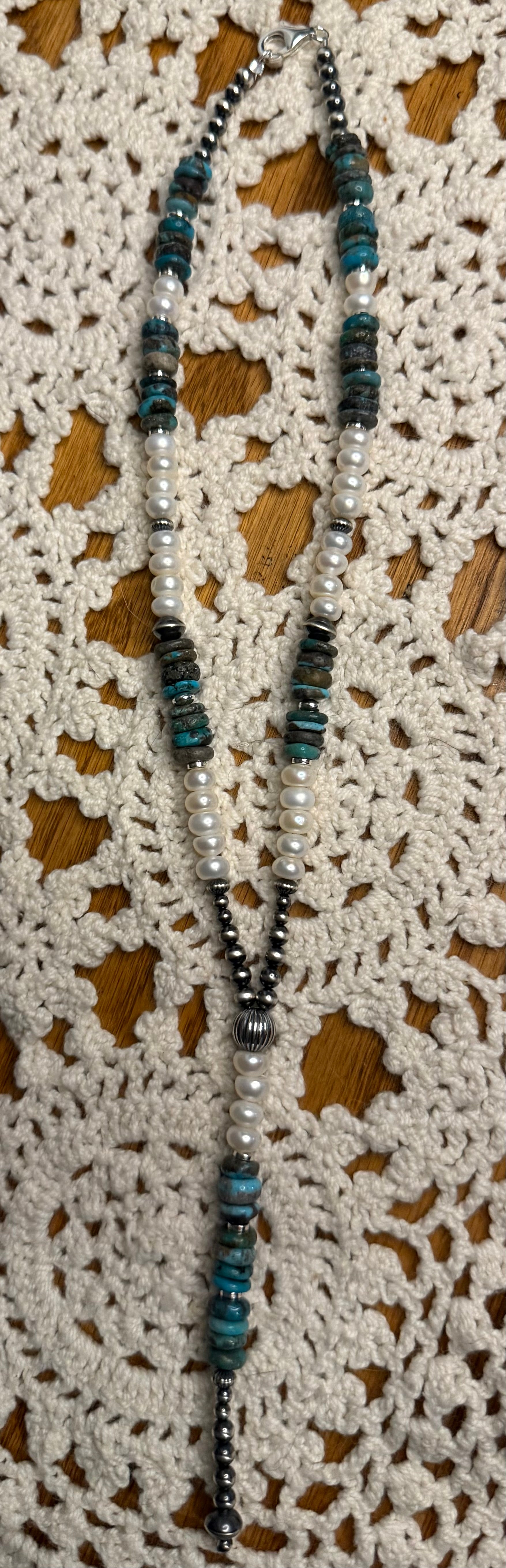 Machine Made Pearl and Turquoise Lariat Necklace