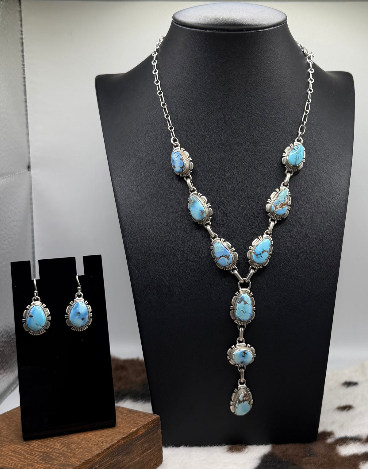 Navajo Handmade Golden Hills Lariat and Earring set by Larry M Yazzie