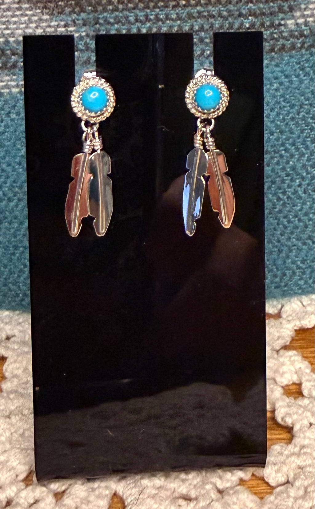 Navajo Made Kingman Turquoise Feather Earrings By Theresa Kinsel