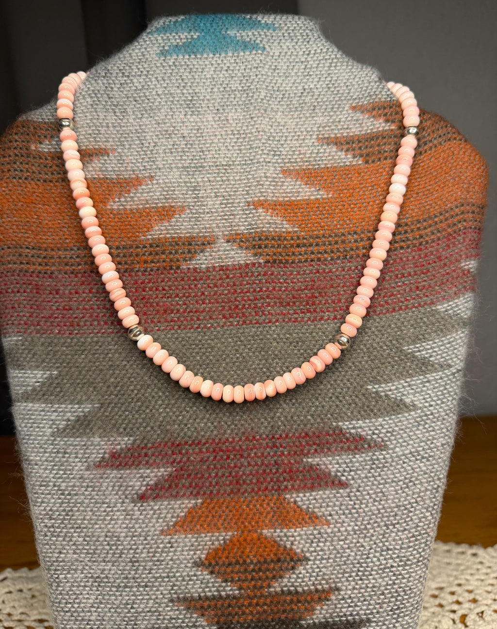 Navajo Made Pink Conch and Seamed Pearl Beaded Necklace 6mm 18” by Gerald Benally