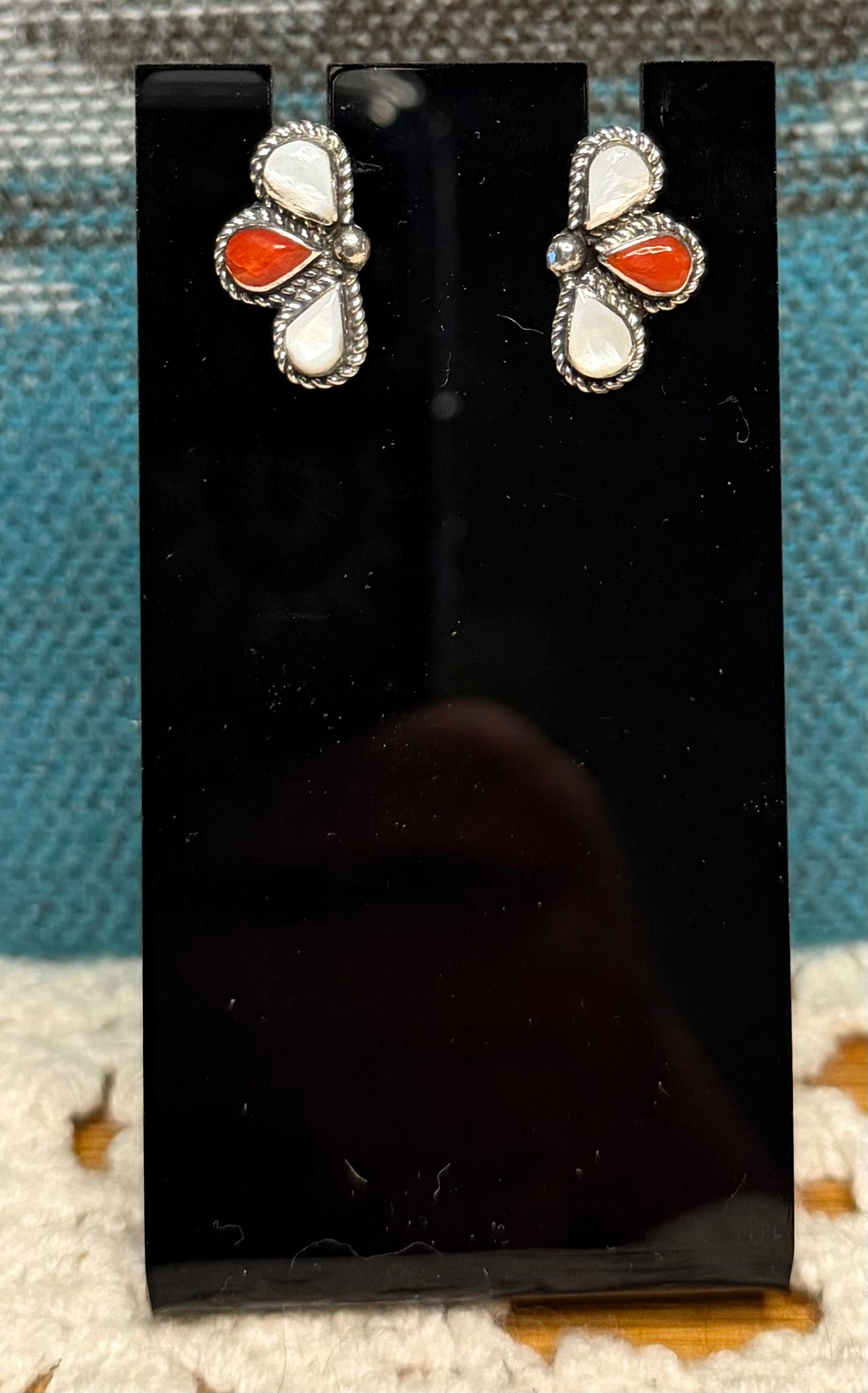 Zuni Handmade Mother of pearl and Coral Half Cluster Earrings By Carol Lateyice