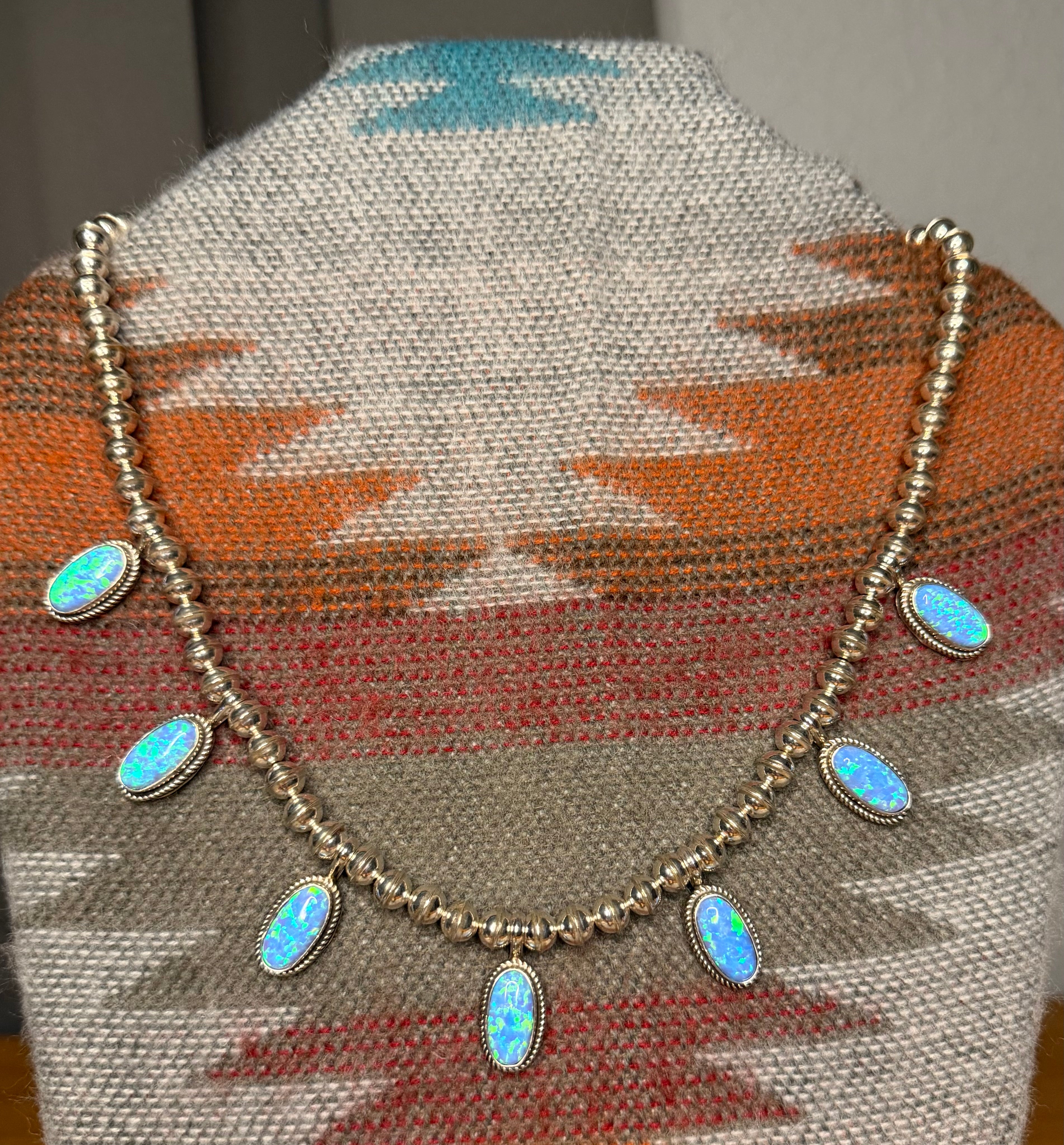 Navajo Made  Light Blue Opal Seamed Pearl Beaded Necklace By Renell Chaco Perry