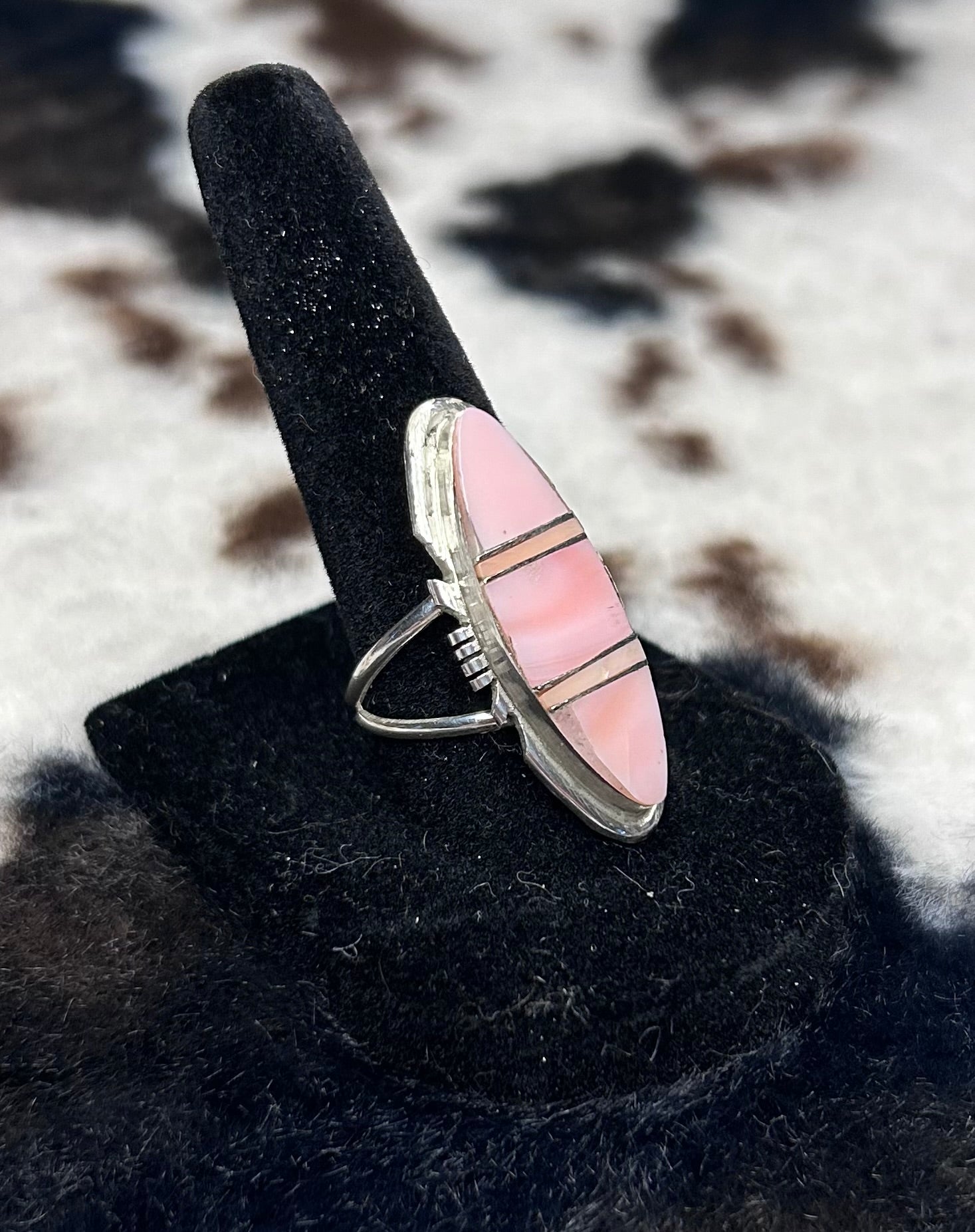 Navajo Handmade Pink Conch Inlay Ring by Brandon Etcitty Size 8