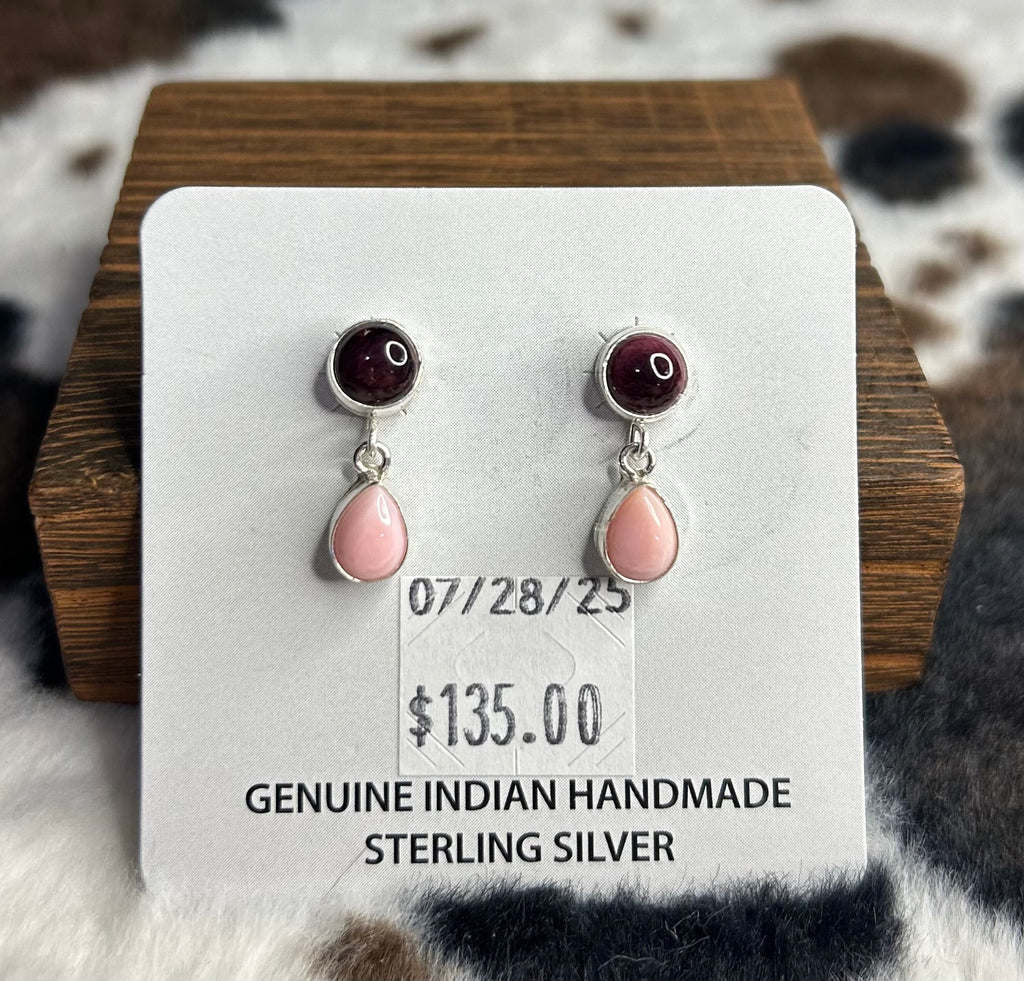 Native Made Pink Conch and Purple Spiny Oyster Shell Stud Earrings by Angelica Mexicano