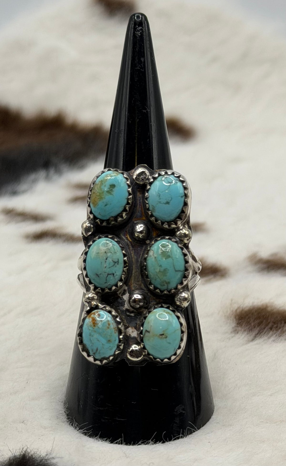 Navajo Handmade 6 Stone Kingman Turquoise Ring by Esther Spencer Size 8