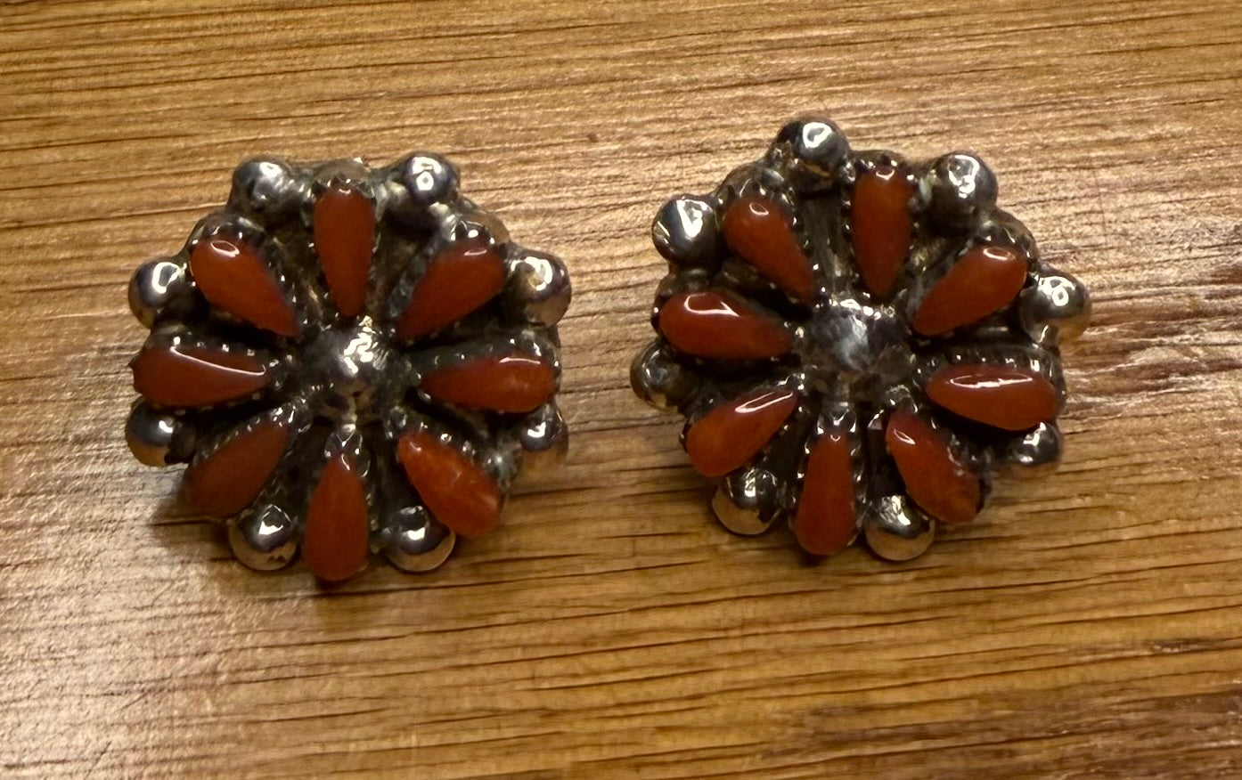 Zuni Made Small Coral Cluster Earrings by David Leekity