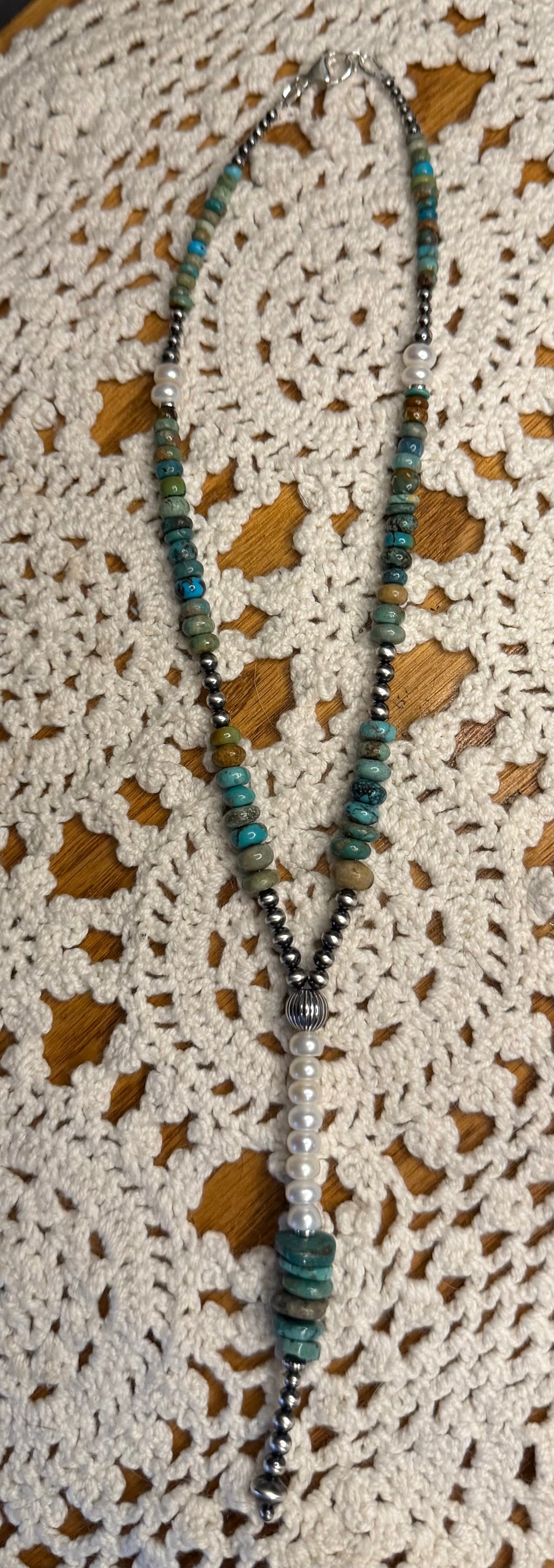 Machine Made Pearl, Turquoise, and Pearl Lariat Necklace