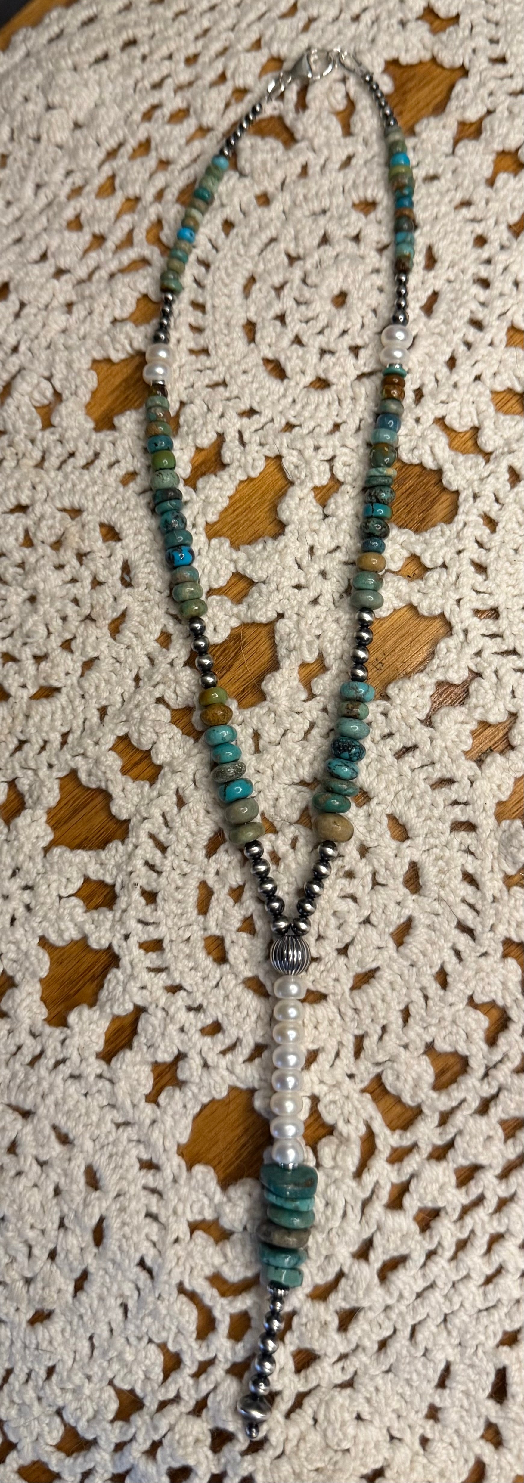 Machine Made Pearl, Turquoise, and Pearl Lariat Necklace