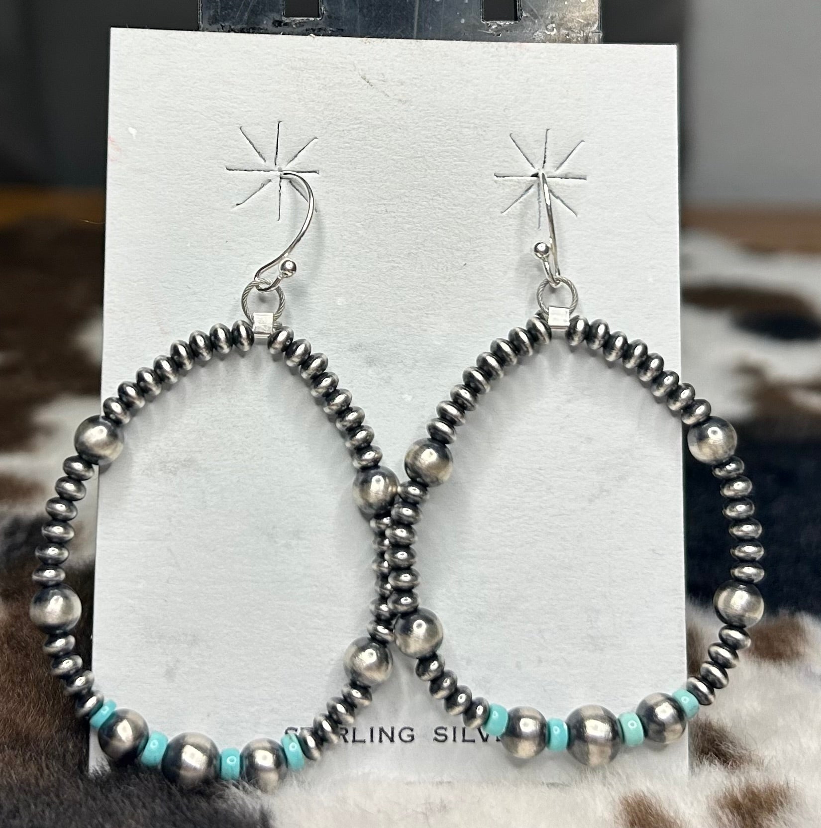 Sterling Silver Machine Made Pearl and Turquoise Hoop Earrings