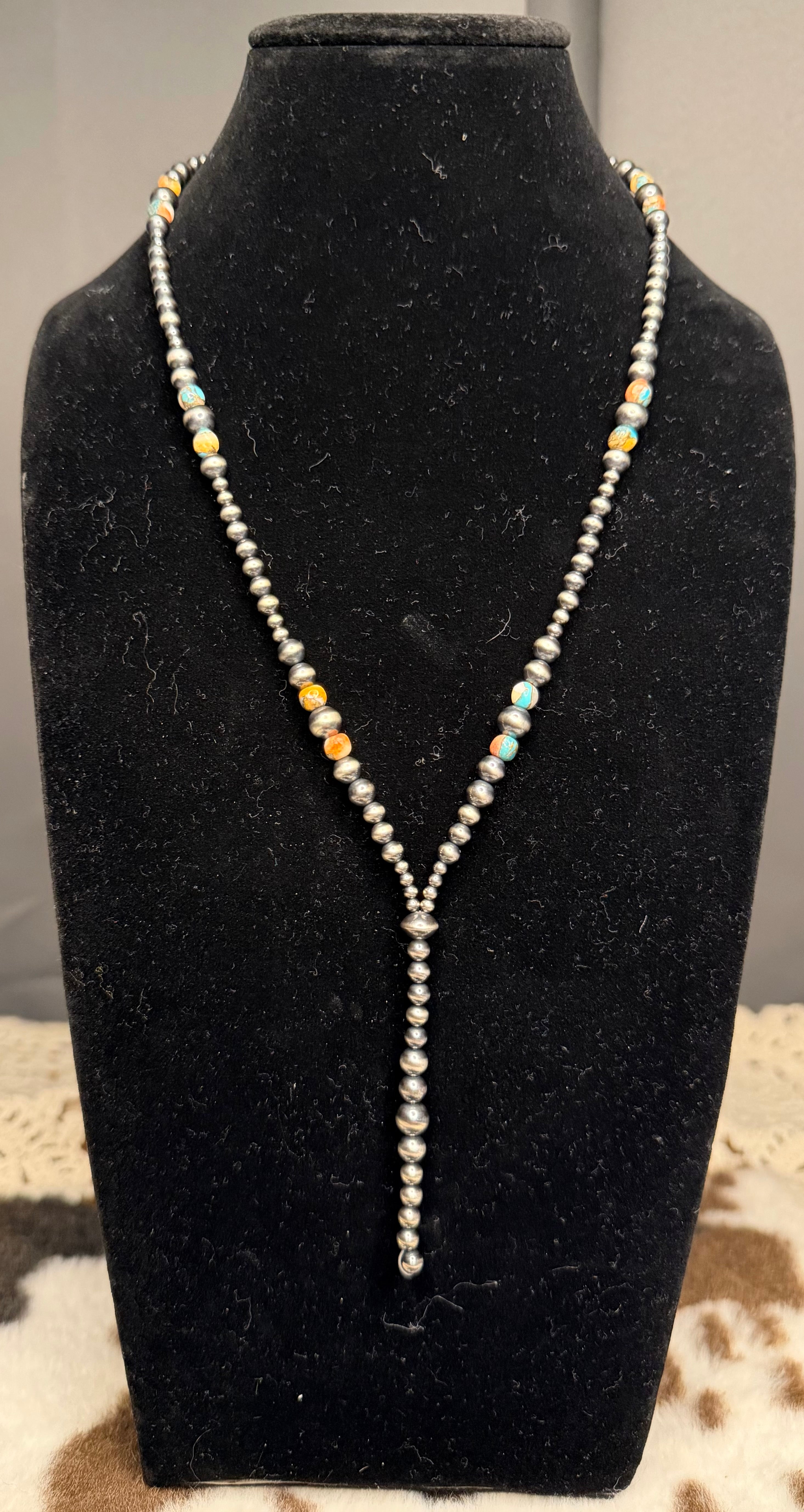 Machine Made Pearl Kingman and Spiny Oyster Shell Lariat Necklace