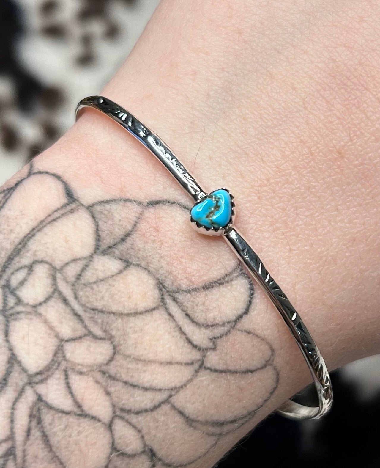 Navajo Handmade Sleeping Beauty Stamped Cuff by Jeanette Yazzie