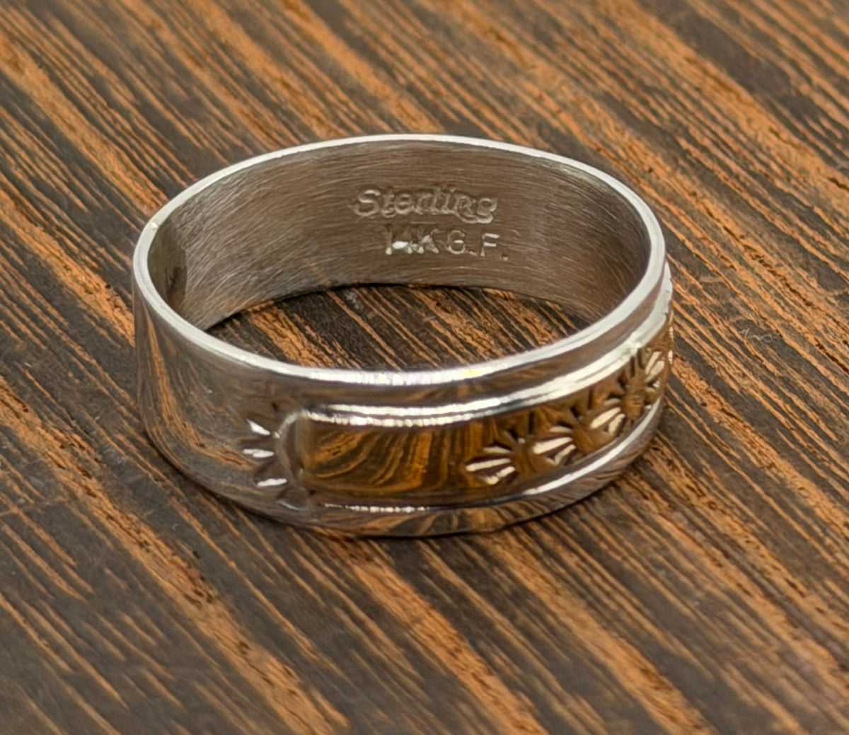 Navajo Handmade Sterling and 14k Gold Filled Ring by Juanita Pino size 7
