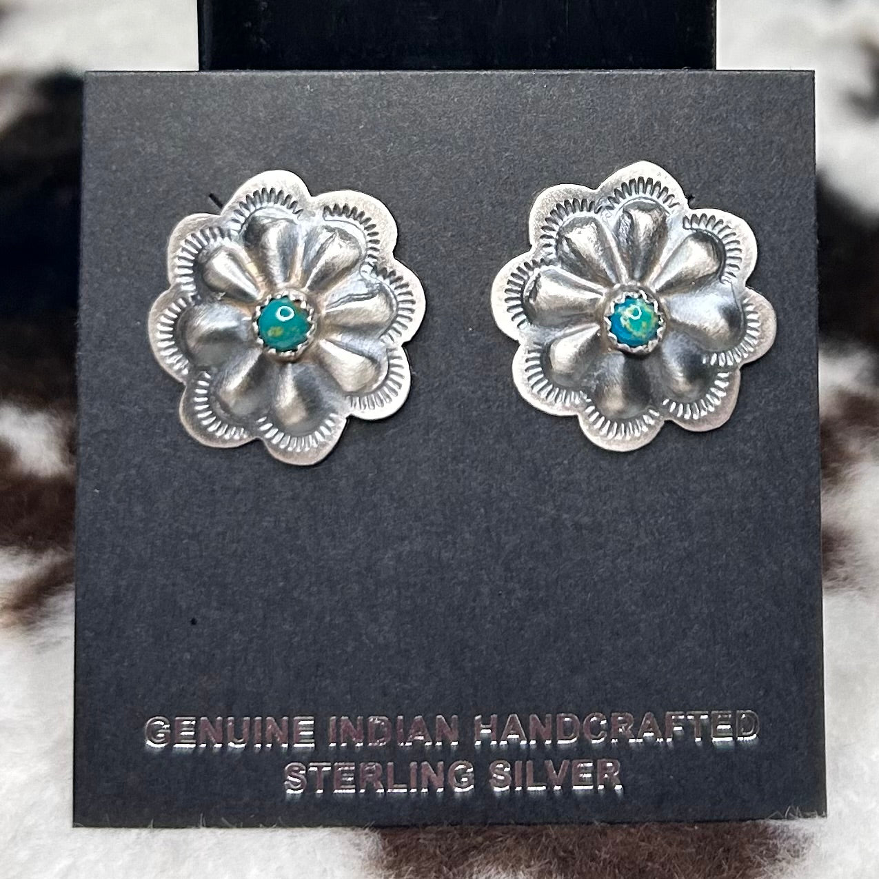 Navajo Handmade Turquoise Concho Stud Earrings by Dale Morgan.