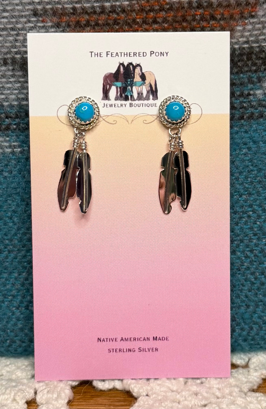 Navajo Made Kingman Turquoise Feather Earrings By Theresa Kinsel