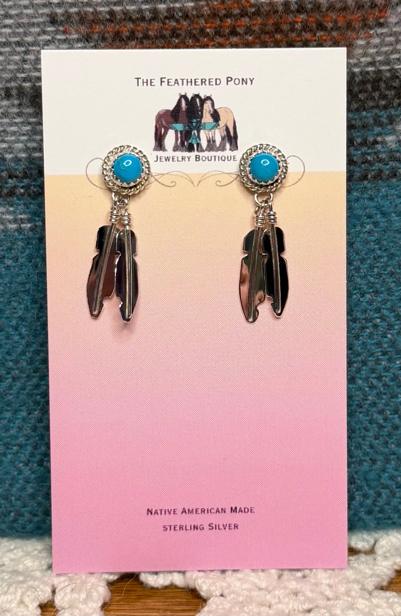 Navajo Made Kingman Turquoise Feather Earrings By Theresa Kinsel