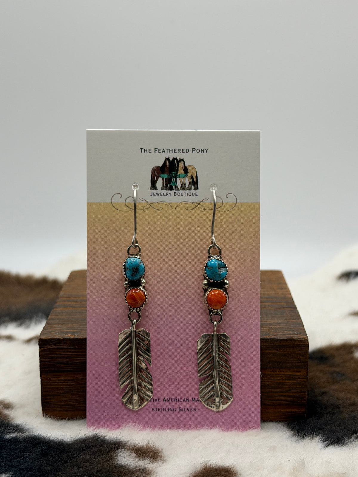 Navajo Made Turquoise & Spiny Oyster Shell Feather Earrings by Lorena Brown