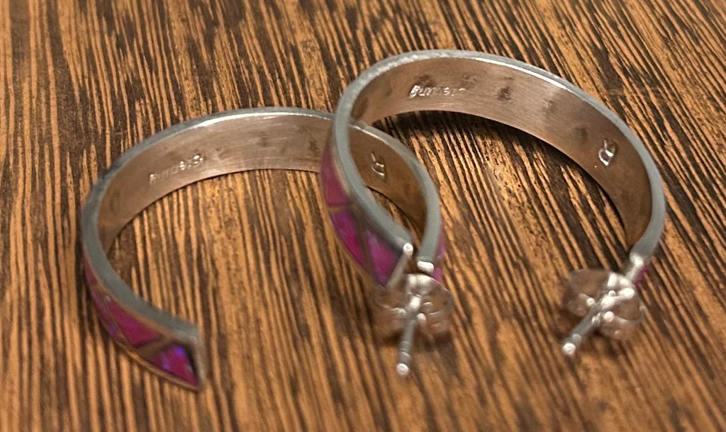 Native Made Pink Opal Hoop Earrings by Roger and Rebecca Morgan