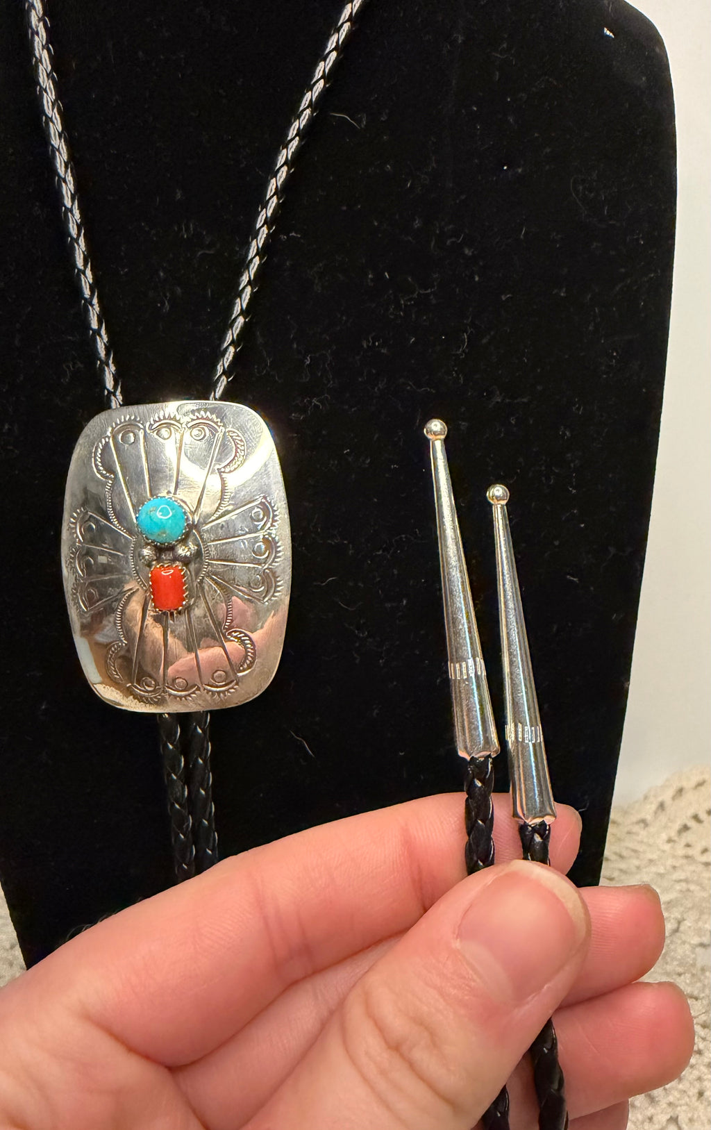 Navajo Handmade Coral and Turquoise Bolo Tie by Joan Begay