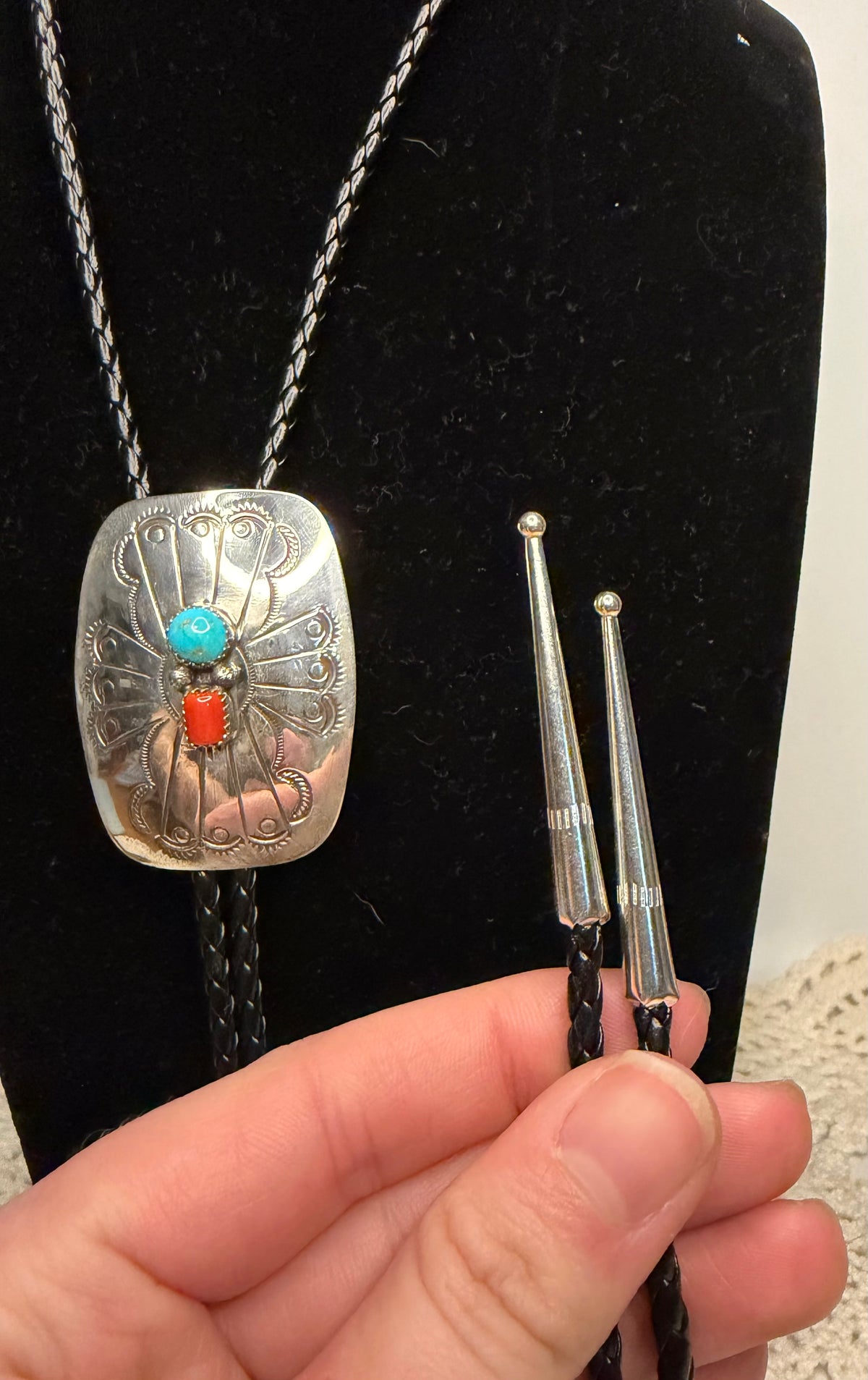 Navajo Handmade Coral and Turquoise Bolo Tie by Joan Begay