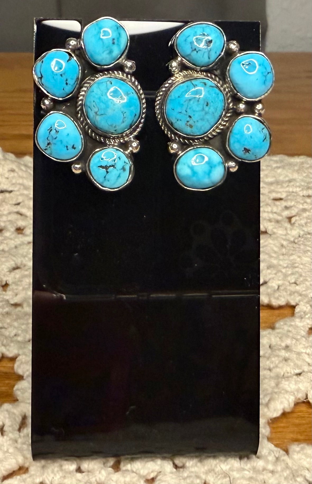 Navajo Made Half Cluster Kingman Turquoise Earrings by Jeanette Yazzie