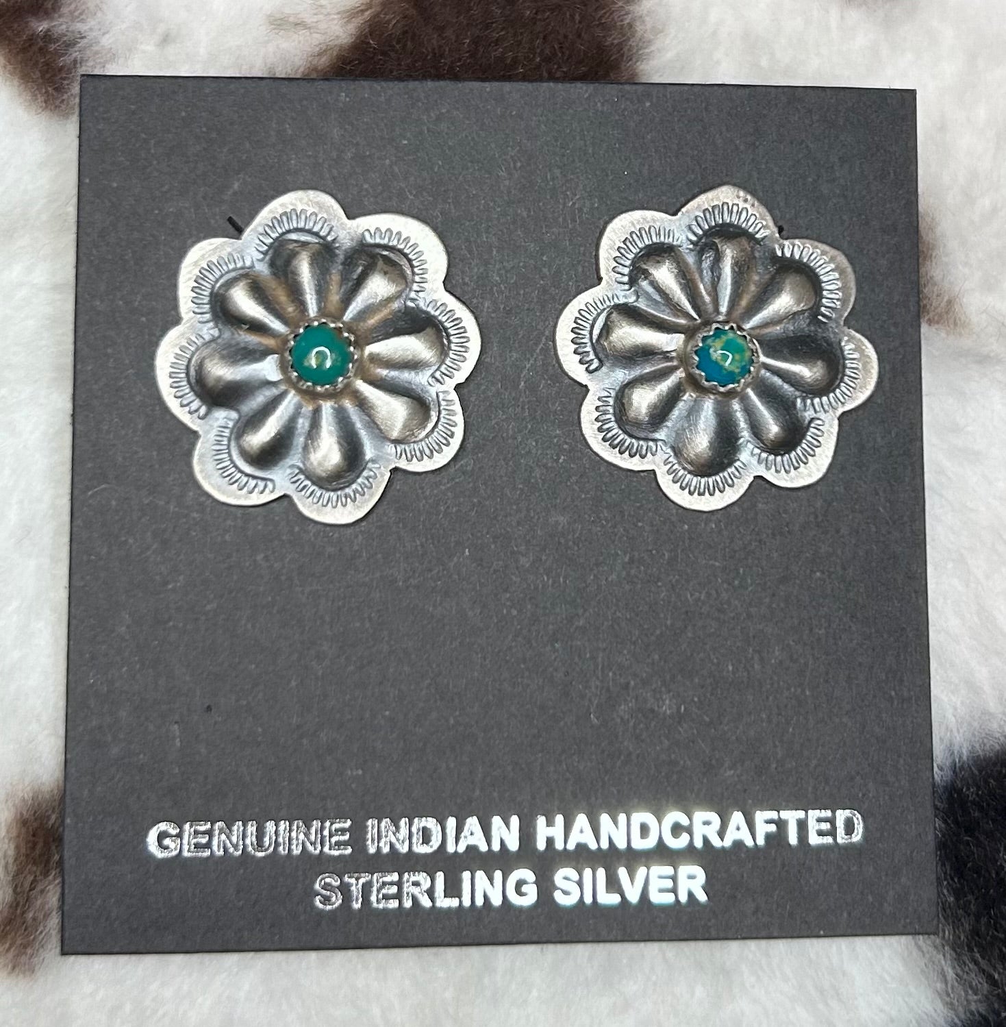 Navajo Handmade Turquoise Concho Stud Earrings by Dale Morgan.